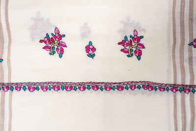 Sozni Hand Embroidered Merino Wool Shawl with Pink Floral Medallions