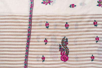 Sozni Hand Embroidered Merino Wool Shawl with Pink Floral Medallions