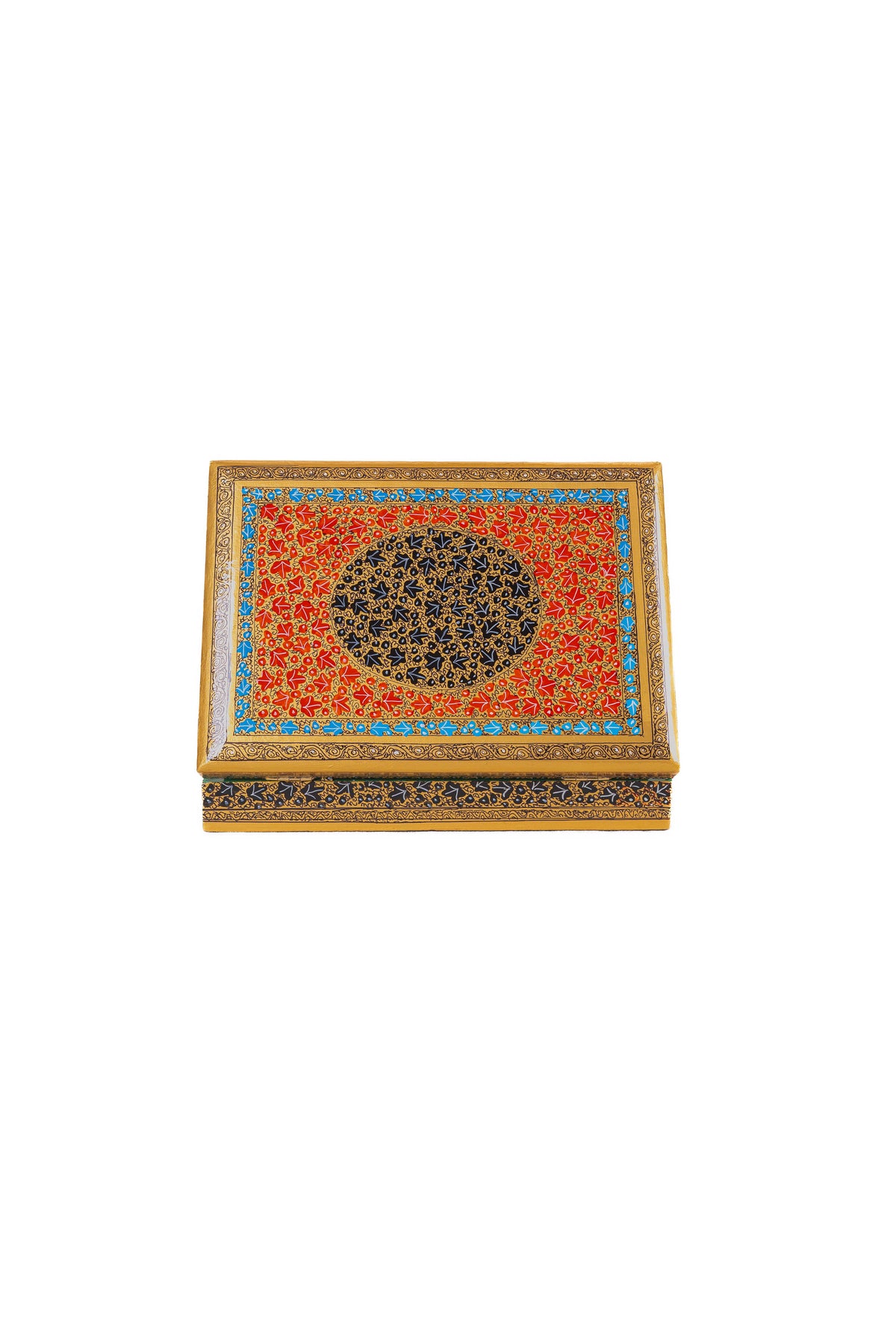 Front view of the closed rectangular box showing its red-and-gold lid and dark floral side panel.