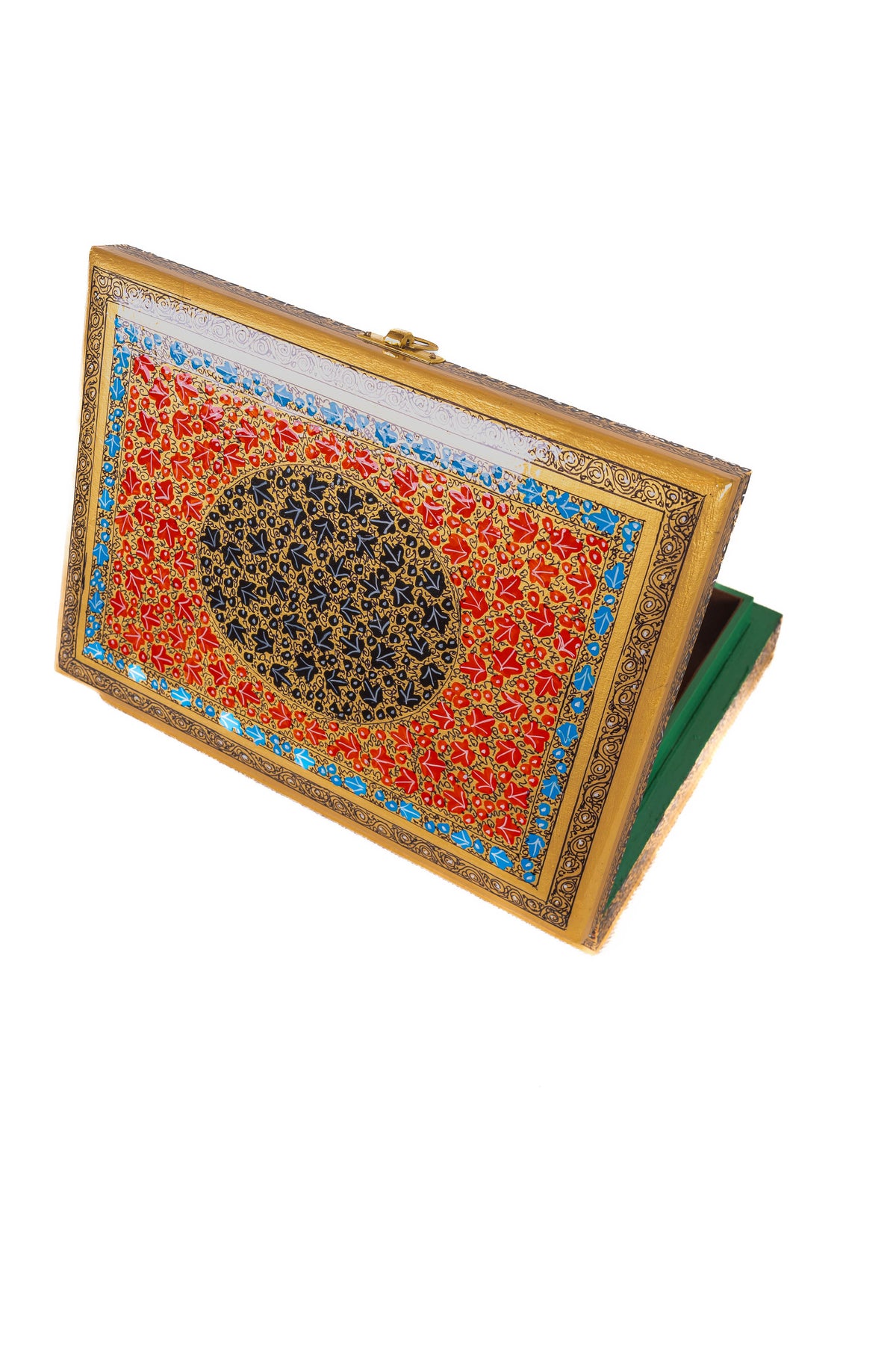 Close angled view of the open box’s red painted lid with a dark medallion and fine blue-and-gold border details.