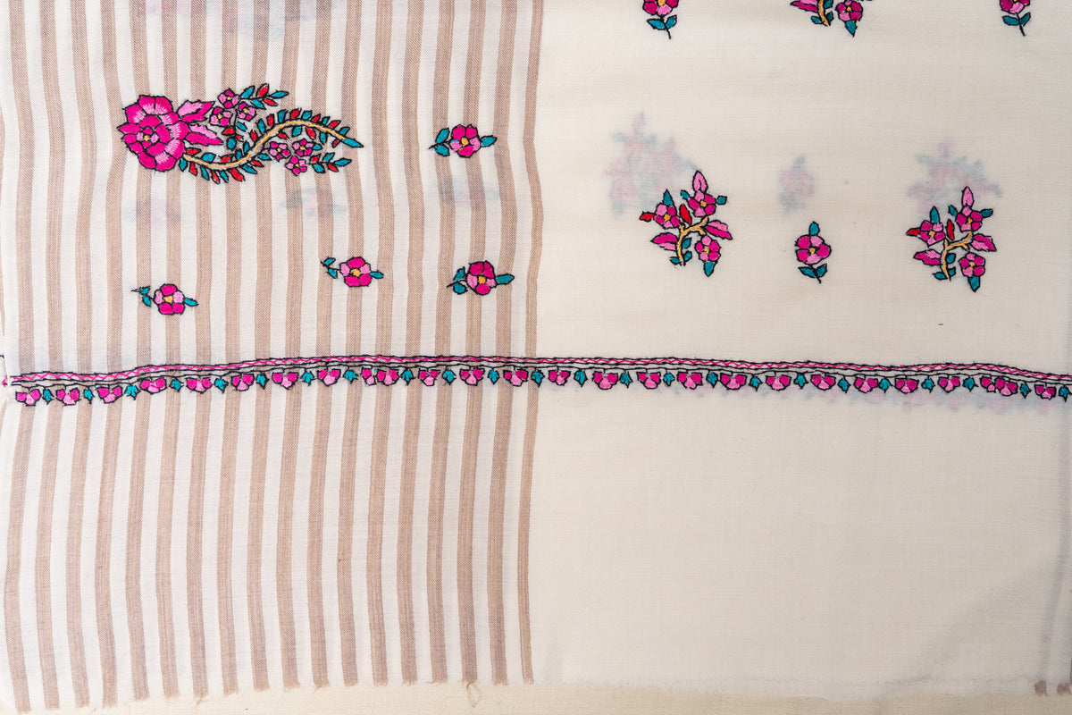 Flat corner detail showing the shawl’s pink-teal floral border across striped and plain ivory sections