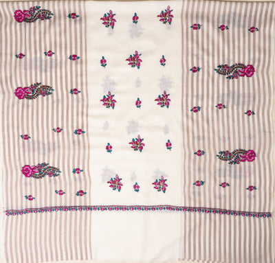 Sozni Hand Embroidered Merino Wool Shawl with Pink Floral Medallions