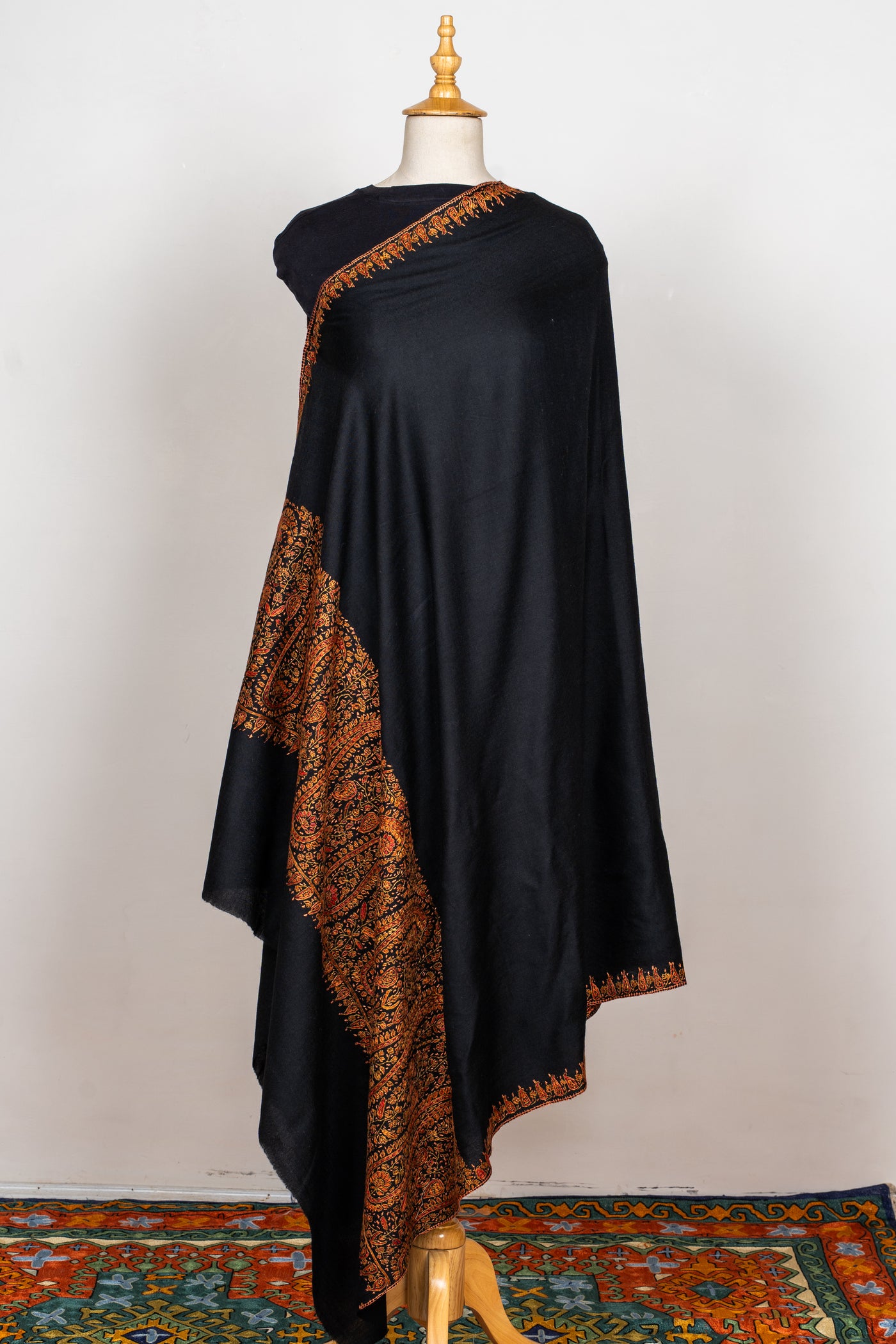 Sozni Hand Embroidered Merino Wool Shawl in Midnight Noir