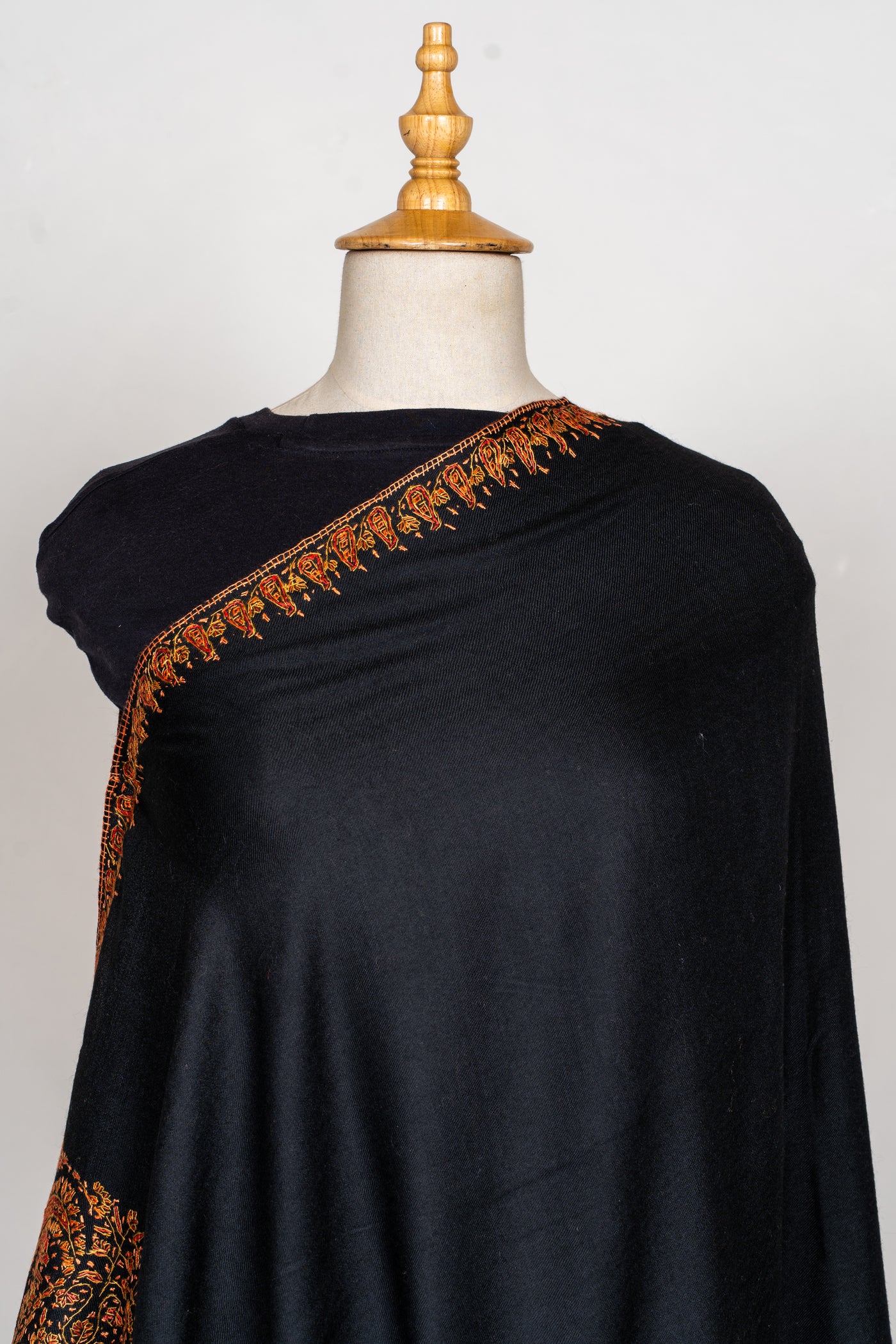Sozni Hand Embroidered Merino Wool Shawl in Midnight Noir