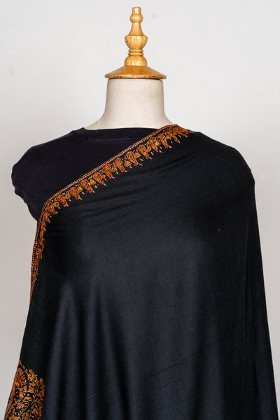 Sozni Hand Embroidered Merino Wool Shawl in Midnight Noir