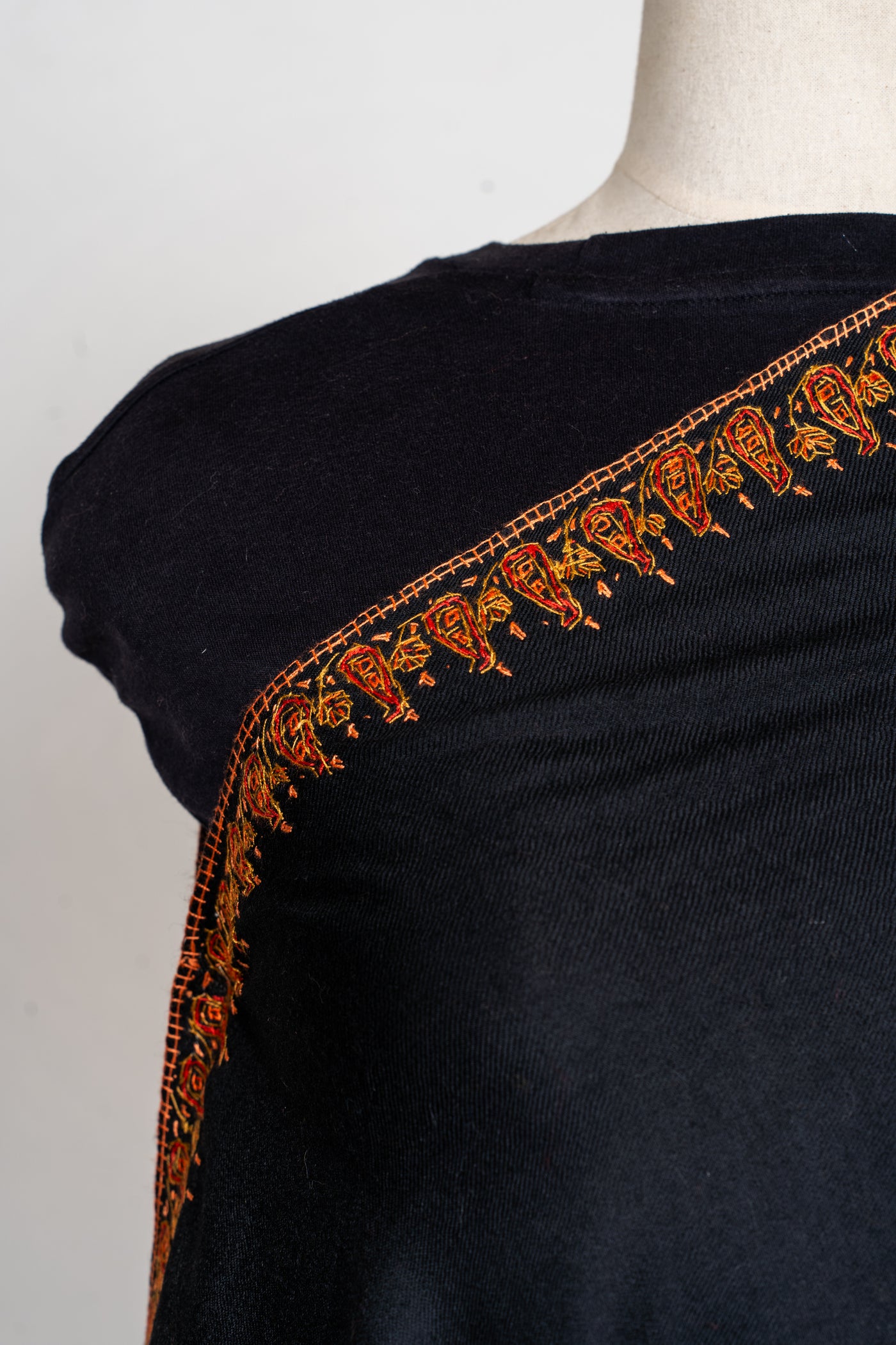 Sozni Hand Embroidered Merino Wool Shawl in Midnight Noir