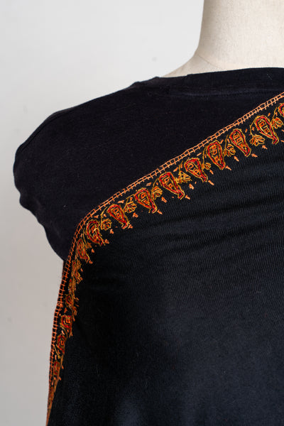 Sozni Hand Embroidered Merino Wool Shawl in Midnight Noir