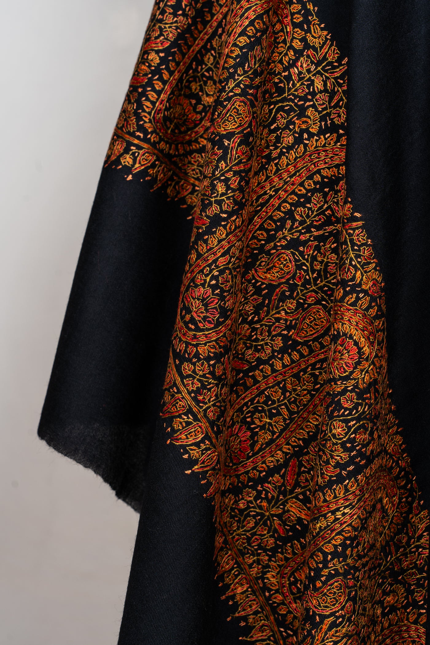 Sozni Hand Embroidered Merino Wool Shawl in Midnight Noir