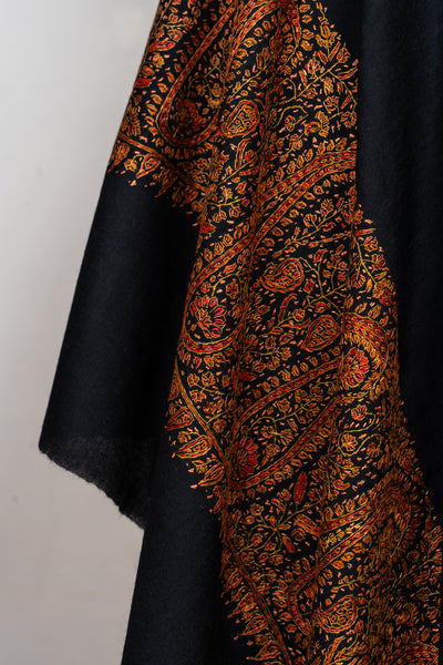Sozni Hand Embroidered Merino Wool Shawl in Midnight Noir
