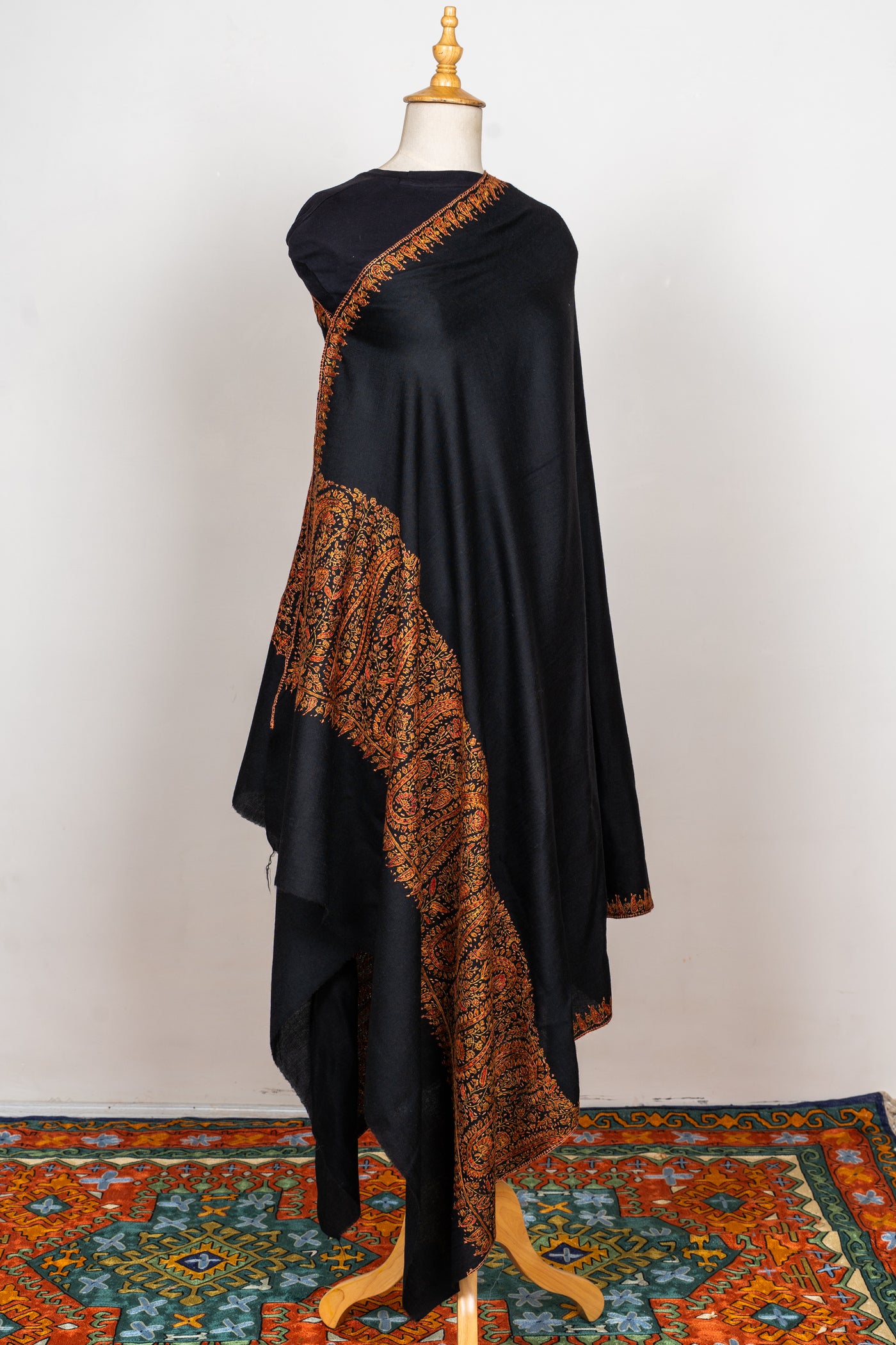 Sozni Hand Embroidered Merino Wool Shawl in Midnight Noir