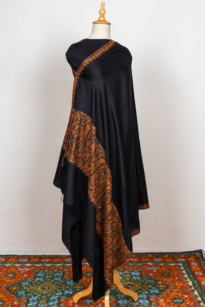 Sozni Hand Embroidered Merino Wool Shawl in Midnight Noir