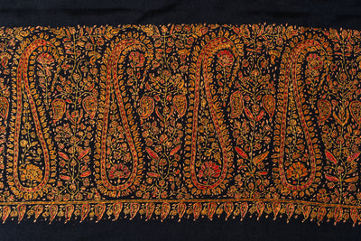 Sozni Hand Embroidered Merino Wool Shawl in Midnight Noir