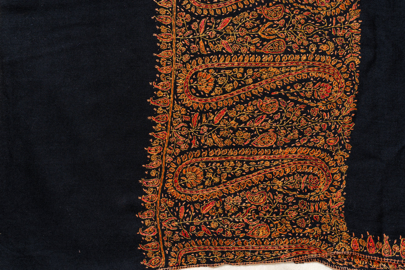 Sozni Hand Embroidered Merino Wool Shawl in Midnight Noir