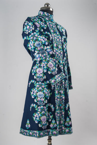 Floral Dreams: Hand Aari Embroidered Merino Wool Jacket in Midnight Blue Elegance