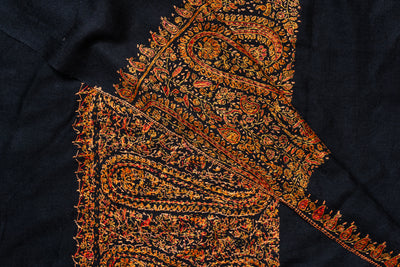 Sozni Hand Embroidered Merino Wool Shawl in Midnight Noir