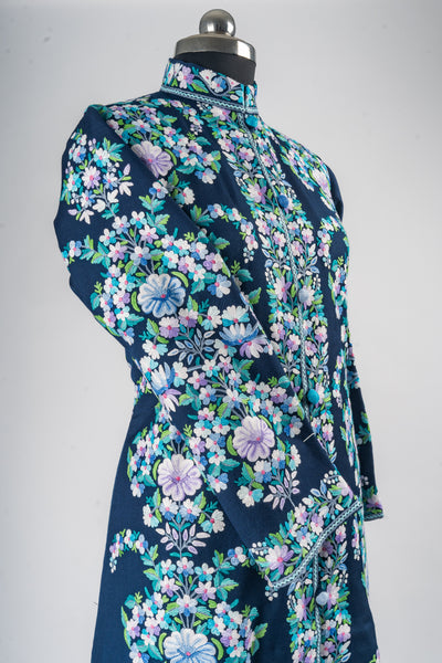 Floral Dreams: Hand Aari Embroidered Merino Wool Jacket in Midnight Blue Elegance