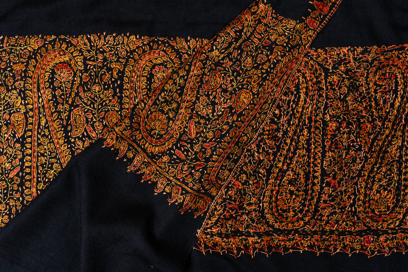 Sozni Hand Embroidered Merino Wool Shawl in Midnight Noir