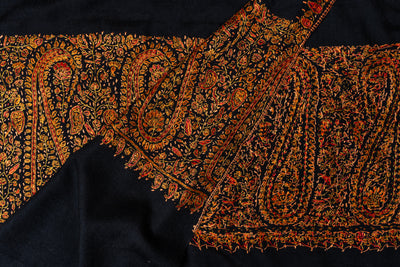 Sozni Hand Embroidered Merino Wool Shawl in Midnight Noir