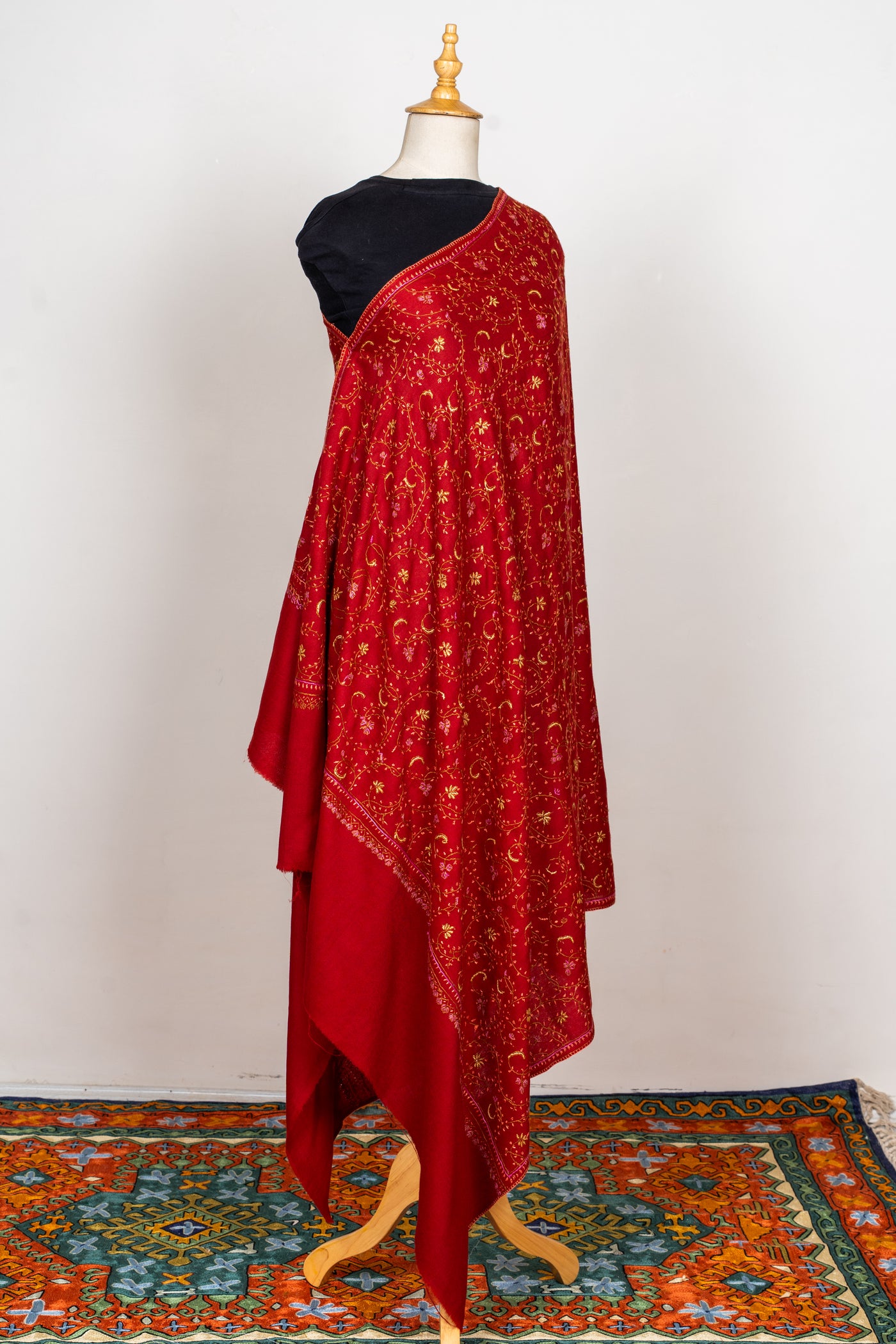 Crimson Grace: Sozni Hand Embroidered Shawl in Merino Wool