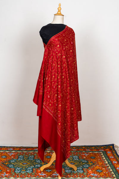 Crimson Grace: Sozni Hand Embroidered Shawl in Merino Wool