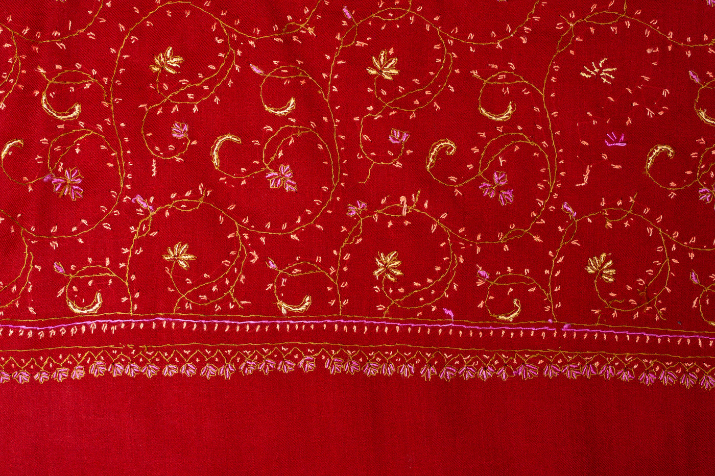 Crimson Grace: Sozni Hand Embroidered Shawl in Merino Wool