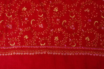 Crimson Grace: Sozni Hand Embroidered Shawl in Merino Wool