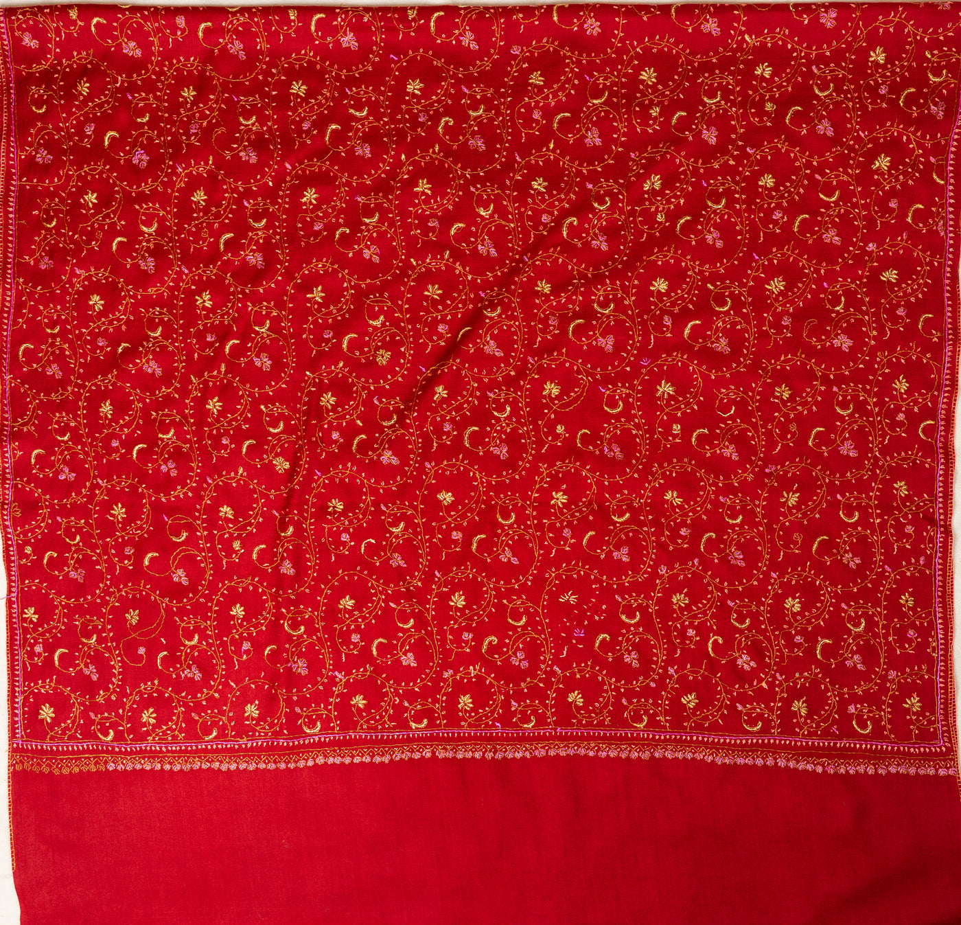 Crimson Grace: Sozni Hand Embroidered Shawl in Merino Wool