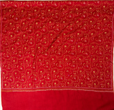 Crimson Grace: Sozni Hand Embroidered Shawl in Merino Wool
