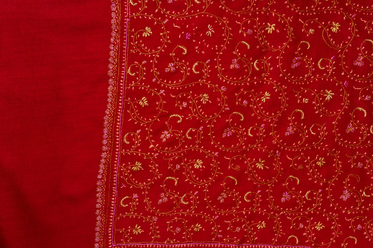 Crimson Grace: Sozni Hand Embroidered Shawl in Merino Wool