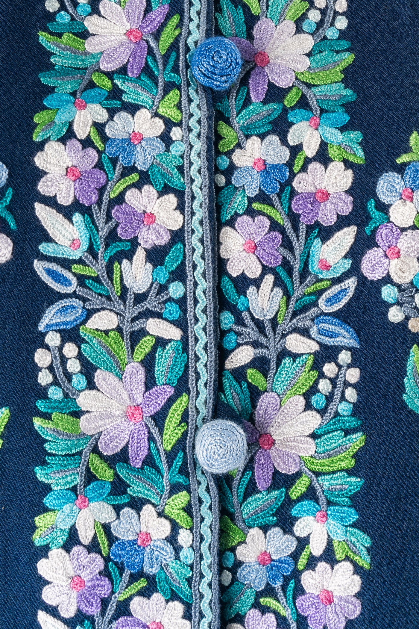 Floral Dreams: Hand Aari Embroidered Merino Wool Jacket in Midnight Blue Elegance