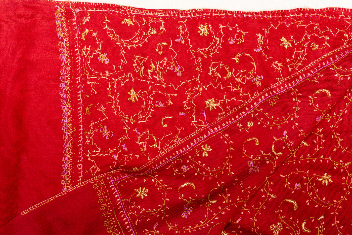 Crimson Grace: Sozni Hand Embroidered Shawl in Merino Wool