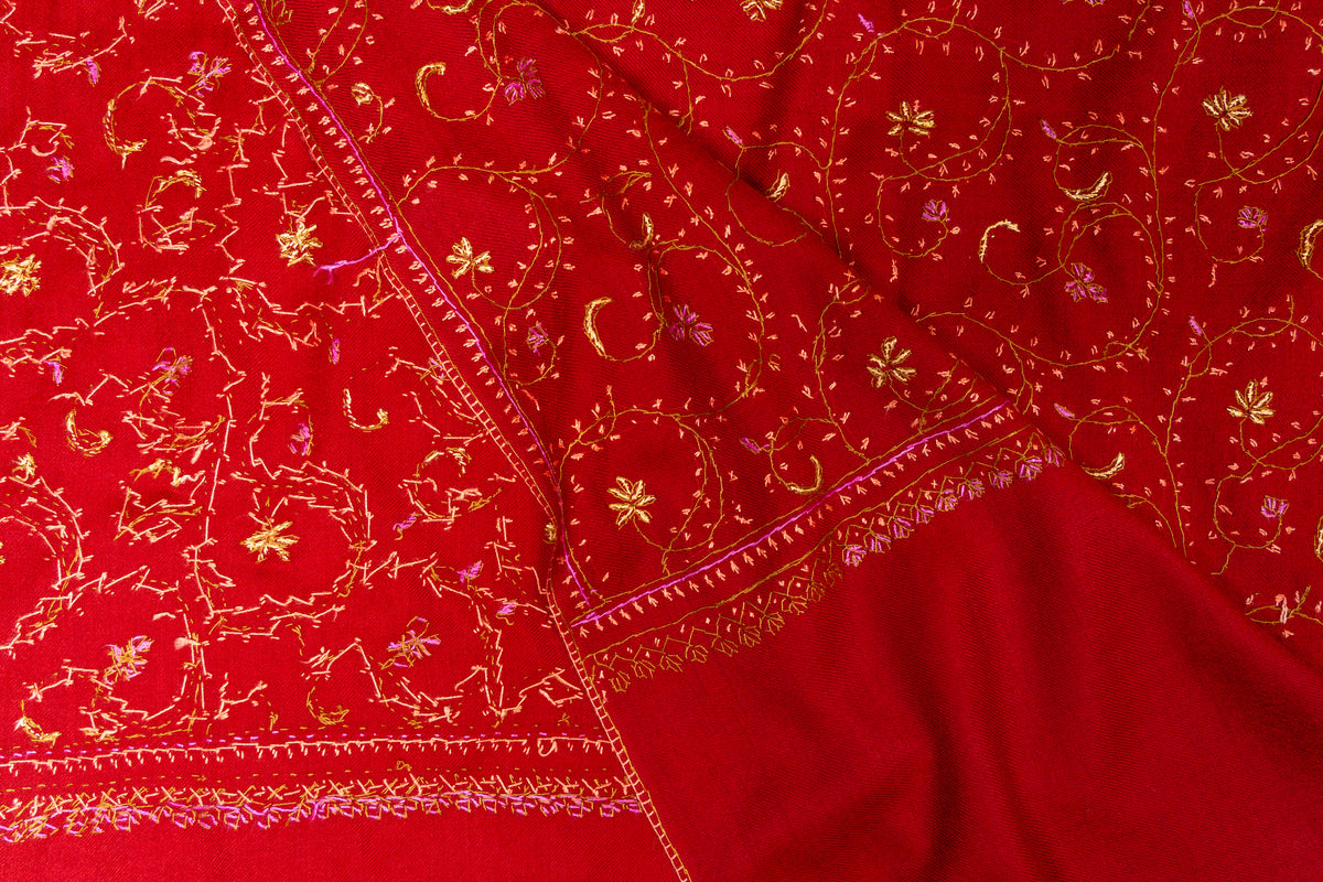 Crimson Grace: Sozni Hand Embroidered Shawl in Merino Wool