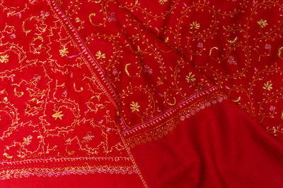 Crimson Grace: Sozni Hand Embroidered Shawl in Merino Wool