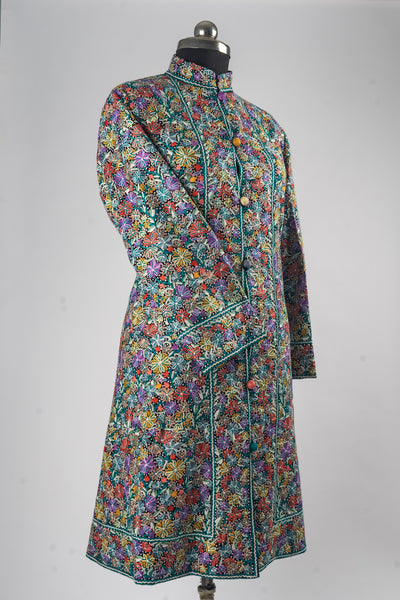 Garden of Splendor: Handcrafted Merino Wool Jacket with Multicolored Aari Embroidery