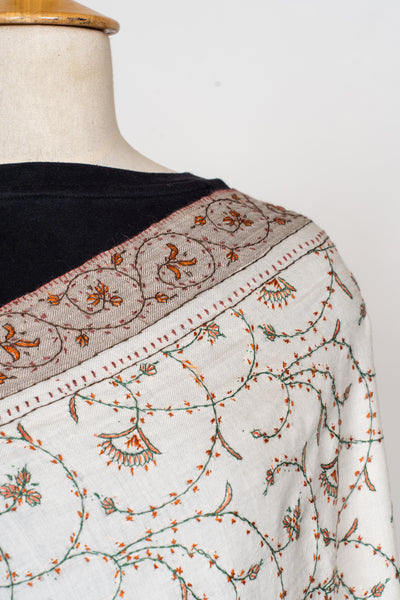 Ivory Blossom: Merino Wool Shawl with Sozni Hand Embroidery