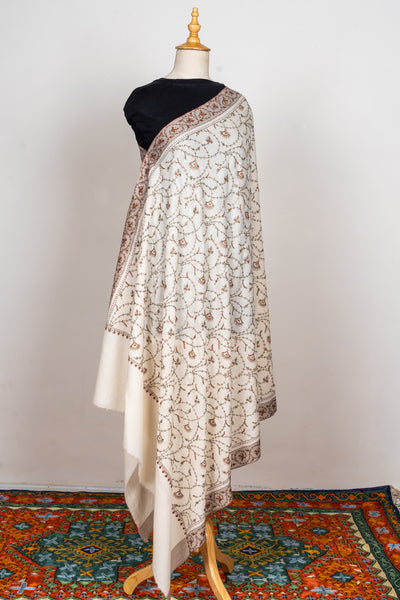 Ivory Blossom: Merino Wool Shawl with Sozni Hand Embroidery