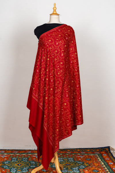 Crimson Grace: Sozni Hand Embroidered Shawl in Merino Wool