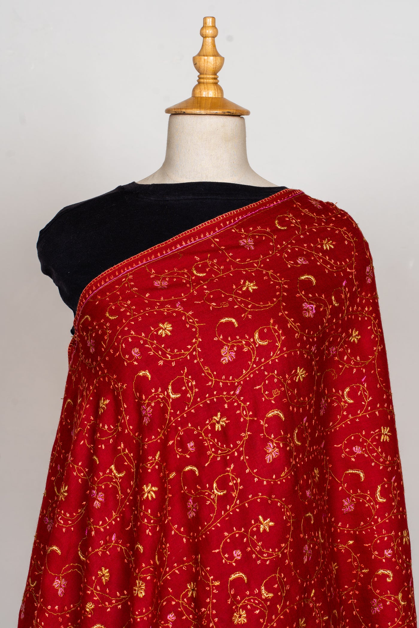 Crimson Grace: Sozni Hand Embroidered Shawl in Merino Wool