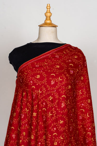 Crimson Grace: Sozni Hand Embroidered Shawl in Merino Wool