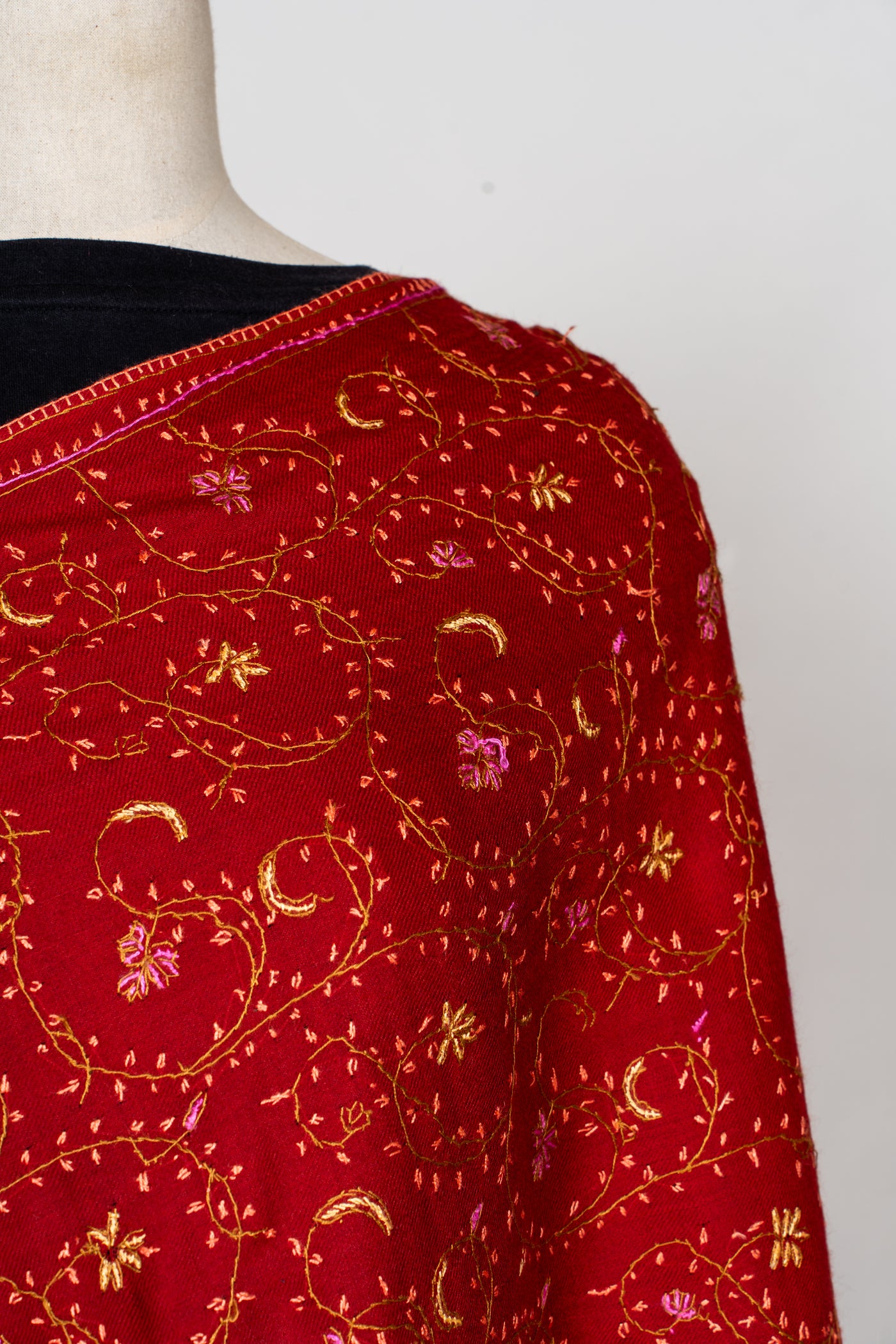 Crimson Grace: Sozni Hand Embroidered Shawl in Merino Wool
