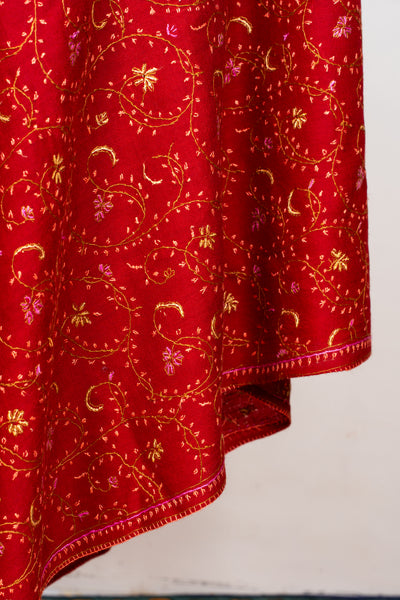 Crimson Grace: Sozni Hand Embroidered Shawl in Merino Wool