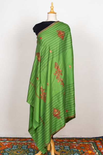Verdant Bloom: Sozni Hand Embroidered Merino Wool Shawl in Green