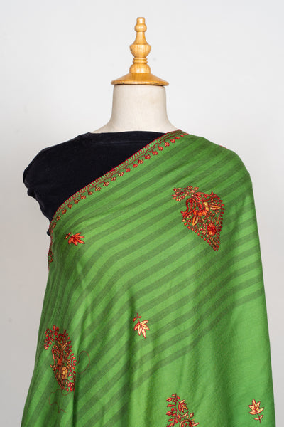 Verdant Bloom: Sozni Hand Embroidered Merino Wool Shawl in Green