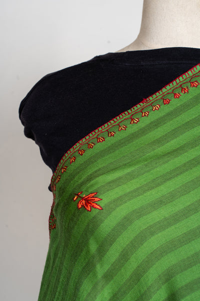 Verdant Bloom: Sozni Hand Embroidered Merino Wool Shawl in Green