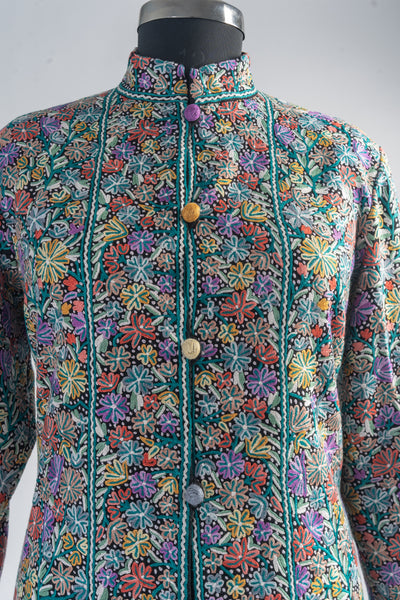 Garden of Splendor: Handcrafted Merino Wool Jacket with Multicolored Aari Embroidery