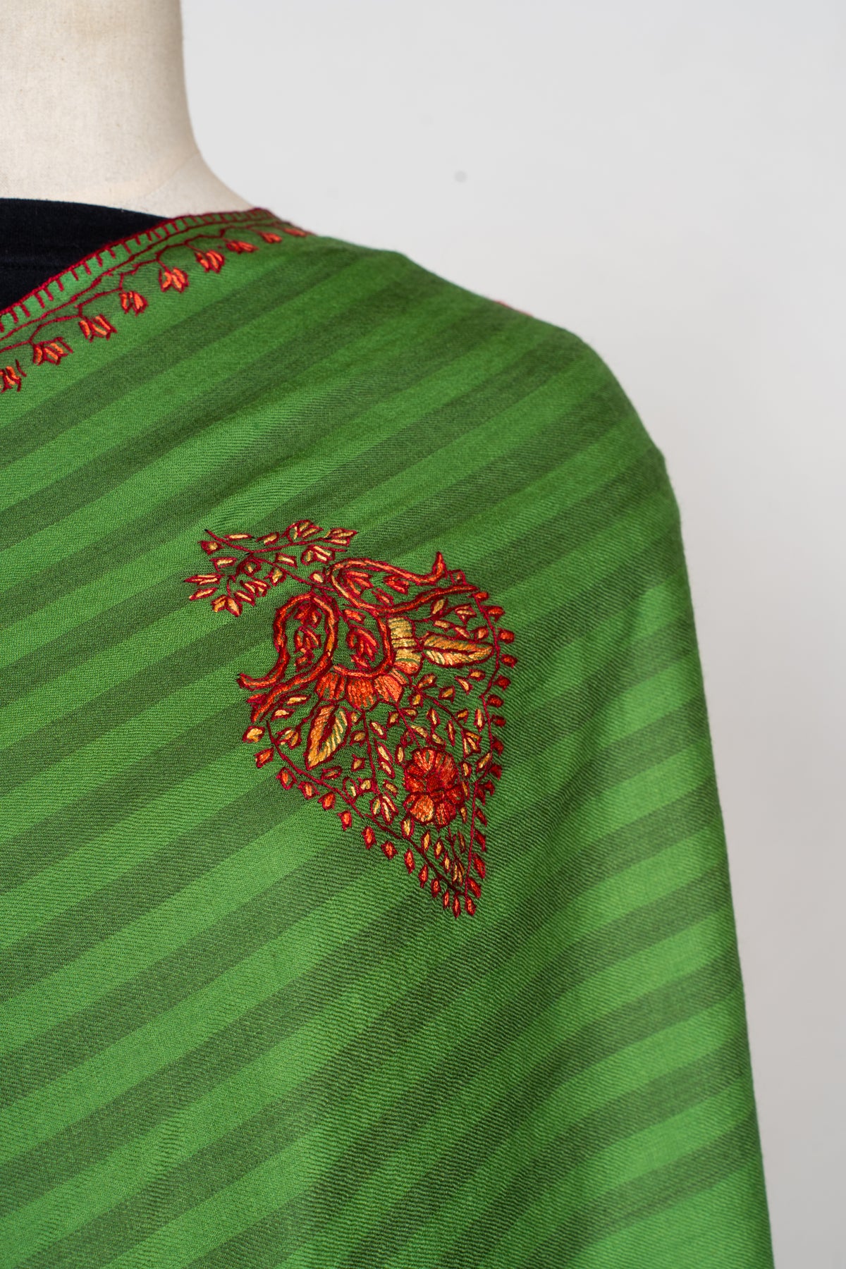 Verdant Bloom: Sozni Hand Embroidered Merino Wool Shawl in Green