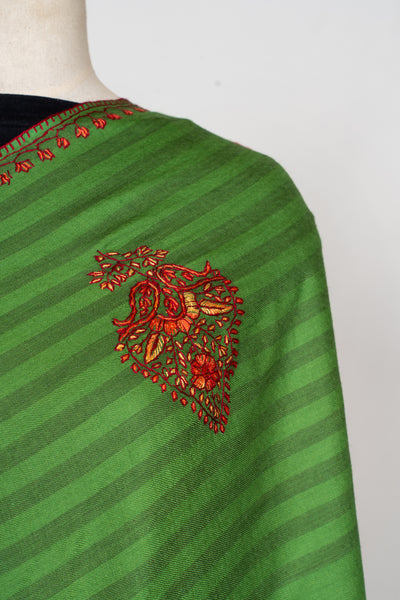 Verdant Bloom: Sozni Hand Embroidered Merino Wool Shawl in Green