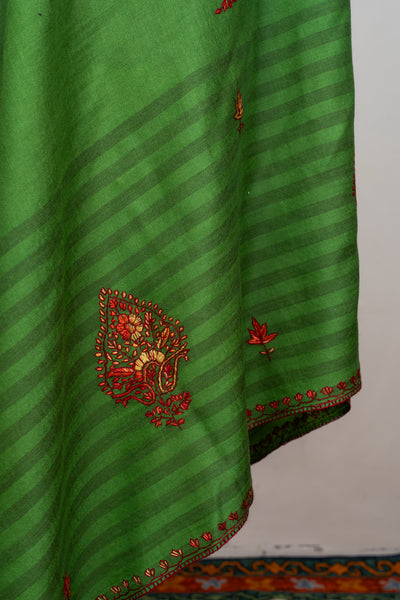 Verdant Bloom: Sozni Hand Embroidered Merino Wool Shawl in Green