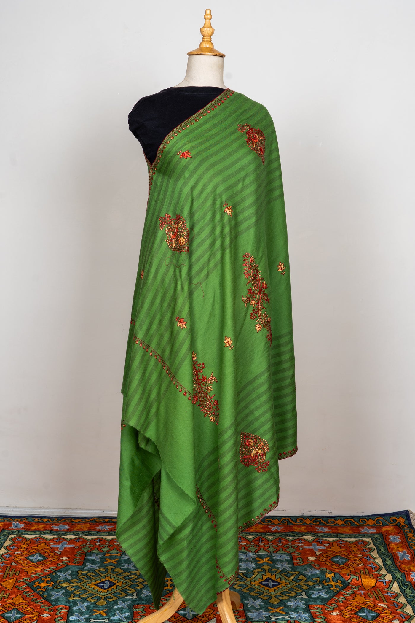 Verdant Bloom: Sozni Hand Embroidered Merino Wool Shawl in Green