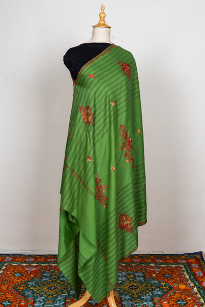 Verdant Bloom: Sozni Hand Embroidered Merino Wool Shawl in Green